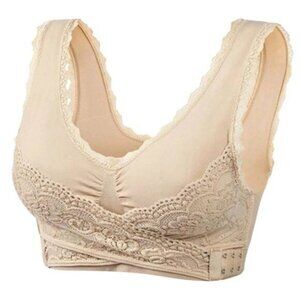 Yoga Bra 3XL 44B C Crossover Lace Beige Wireless Adjustable Hooks Padded NEW
